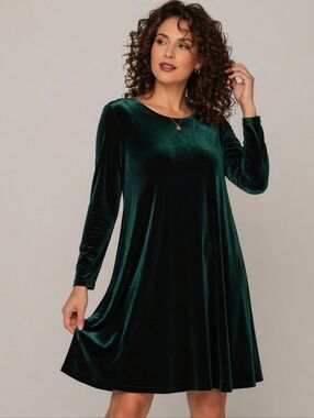 Vintage ANOTHER THYME Size 14 Long Sleeve Emerald Green Velvet A-Line Dress